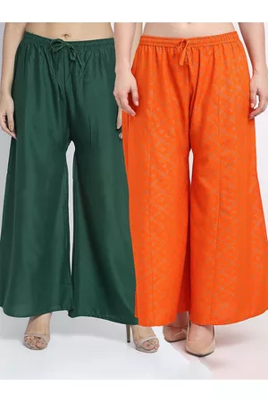 Jinfo Women Set Of 2 Green & Orange Printed Flared Fit Palazzos
