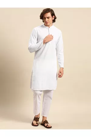 Anouk Men Ethnic Pyjamas - Men White Ethnic Motifs Embroidered Pure Cotton Kurta with Pyjamas