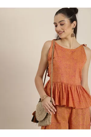 Sangria Women Mustard Yellow Ethnic Motifs Printed Pleated Pure Cotton Top with Palazzos