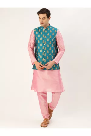 SOJANYA Men Pink & Teal Blue Solid Kurta with Churidar & Nehru Jacket