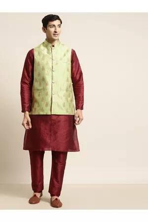 SOJANYA Men Maroon & Green Kurta with Pyjamas & Woven Design Nehru Jacket