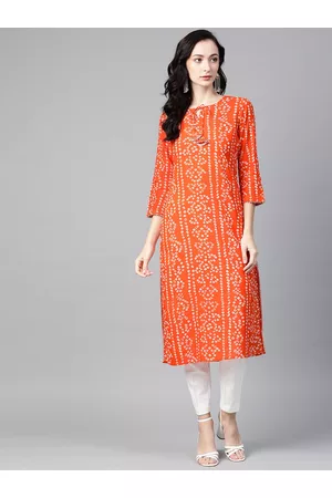 PIROH Women Orange & Off White Bandhani Print Gotta Patti Straight Kurta