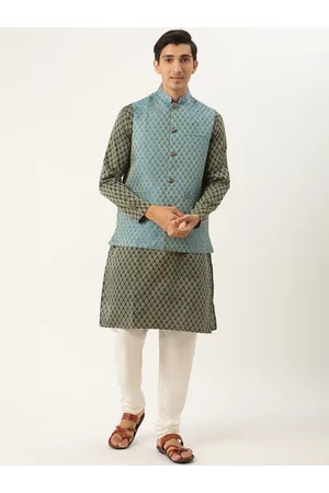 SOJANYA Men Green & Off-White Jacquard Woven Design Kurta with Churidar & Nehru Jacket