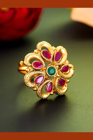 Aadita Gold Plated Green & Pink Stone Studded Adjustable Ring