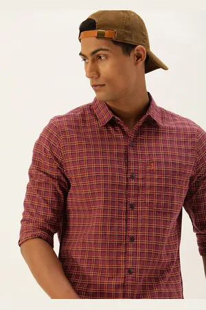 SINGLE Men Maroon And Orange Slim Fit Tartan Checked Pure Cotton Casual Shirt