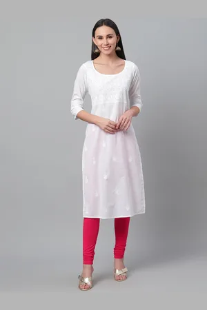 akheri Women White Chikankari Embroidered Straight Kurta