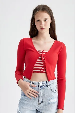 DeFacto Women Red Solid Crop Cardigan