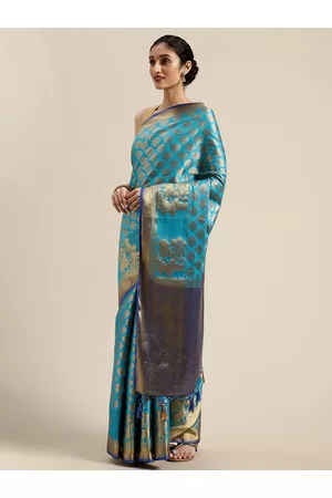 Mimosa Turquoise Blue & Gold-Toned Art Silk Woven Design Kanjeevaram Saree