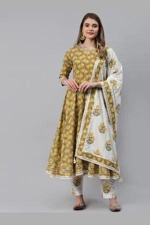 Divena World Women Mustard Yellow Floral Printed Pure Cotton Kurta with Trousers & With Dupatta