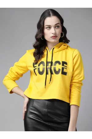 KASSUALLY Women Yellow& Black Printed Hooded Sweatshirt