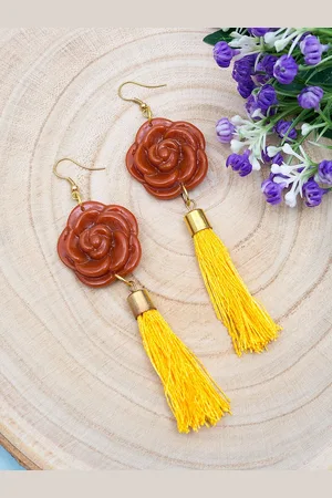 Golden Peacock Yellow & Brown Floral Drop Earrings