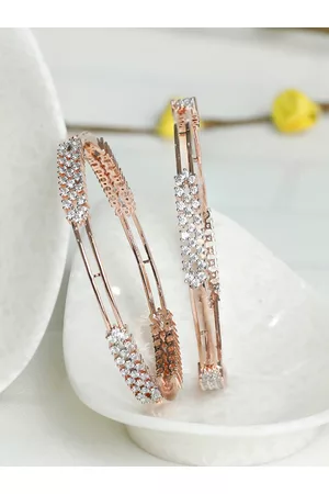 Priyaasi Set Of 2 Rose Gold-Plated & White AD-Studded Elegant Floral Bangles