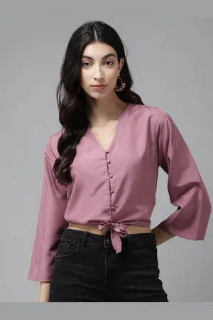 Cayman Mauve Solid Flared Sleeves Regular Crop Top