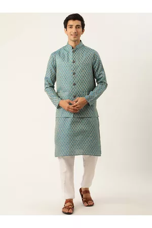 SOJANYA Men Teal Blue & White Off-Woven Design Kurta with Pyjamas & Nehru Jacket
