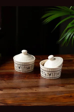 ExclusiveLane Whispers of Warli Set Of 2 Off White Handcrafted Ceramic Pickle Holders