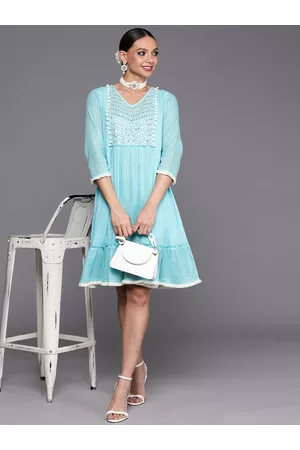 Indo Era Blue Ethnic Motifs Embroidered Ethnic A-Line Dress