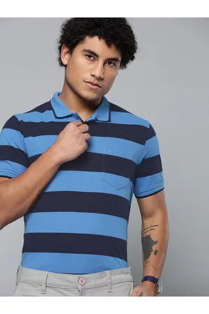 Indian Terrain Men Navy Blue Striped Polo Collar Pure Cotton T-shirt