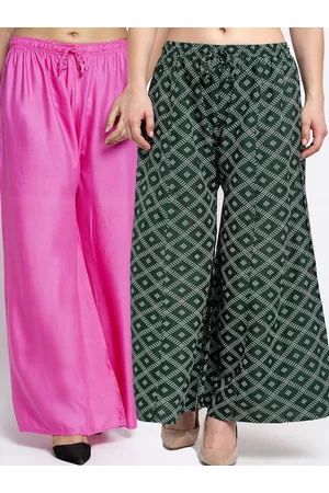 Jinfo Women Set Of 2 Pink & Green Printed Flared Fit Palazzos