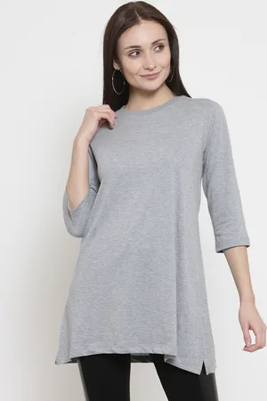 Kalt Women Grey Melange Solid Round Neck T-shirt