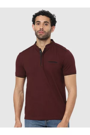 Celio Men Cotton Maroon Mandarin Collar Slim Fit T-shirt