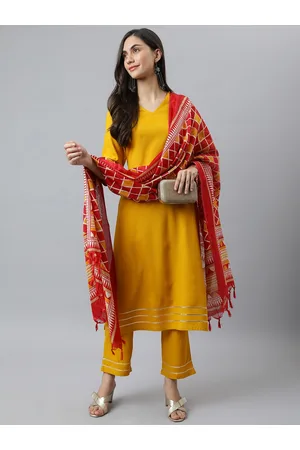DEEBACO Women Mustard Yellow Kurti with Trousers & With Dupatta