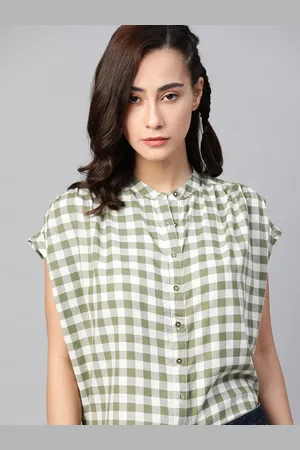 Roadster The Lifestyle Co Women White & Olive Green Boxy Gingham Checks Checked Casual Shirt