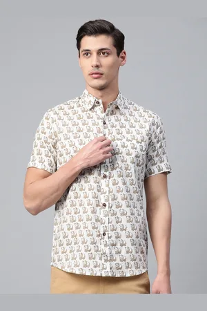 Hatheli Men White Hand Block Printed Casual Shirt