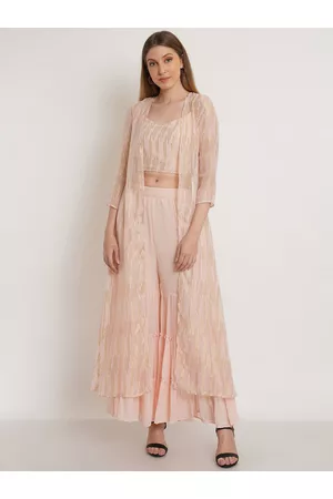 Purple State Women Peach-Coloured Woven Design Top & Sharara With Shrug