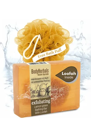 BodyHerbals Exfoliating Lemongrass Bathing Soap Bar with Natural Chunks & Free Bath Puff