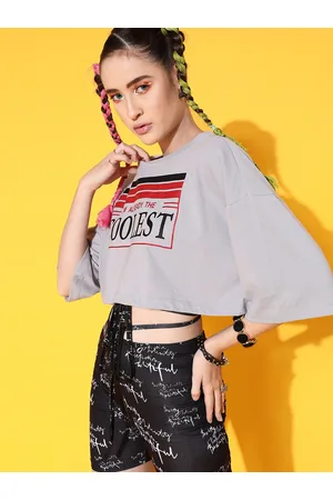 STREET 9 Women Grey Printed Cotton Drop-Shoulder Sleeves Bio Finish Oversized T-shirt