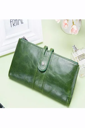Contacts Women Green Leather Two Fold Wallet