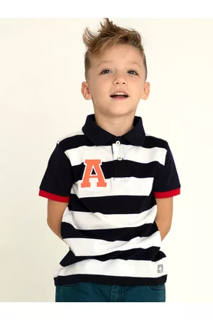 Cherry Crumble Boys White & Black Striped Polo Collar T-shirt