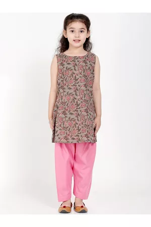 Biglilpeople Girls Grey Floral Printed Pure Cotton Kurti with Salwar