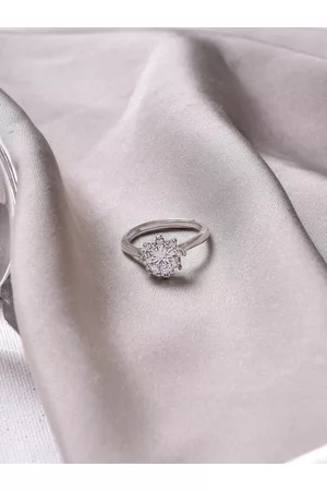 Joker & Witch Silver-Toned White Stone-Studded Floral Adjustable Finger Ring