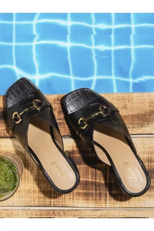 SAINT G. Black Croco Embossed Leather Block Heel Mules