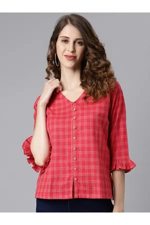 Janasya Women Pure Cotton Checked Regular Top