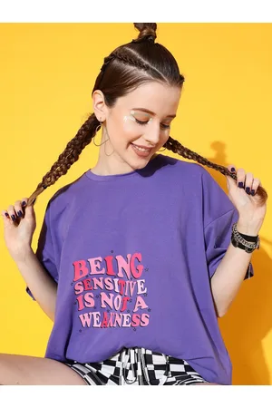 STREET 9 Women Lavender Typography Printed Drop-Shoulder Sleeves Bio Finish Oversized T-shirt