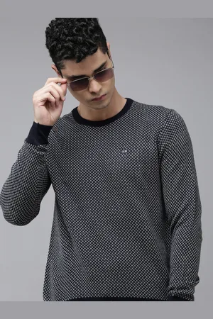 Arrow Men Navy Blue & White Cable Knit Pullover