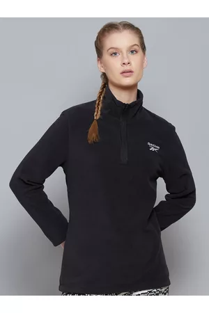 Reebok Women Black Outerwear Fleece Quarter-Zip Jacket