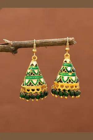 Silvermerc Designs Gold-Plated & Green Filigree Dome Shaped Jhumkas
