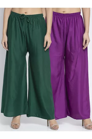 Jinfo Women Set of 2 Green & Purple Solid Flared Knitted Palazzos