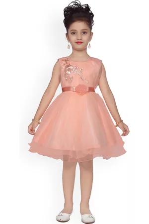 Aarika Girls Peach-Coloured Self Design Fit and Flare Dress