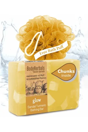 BodyHerbals Glow Sandal Turmeric Bathing Soap Bar with Natural Chunks & Free Bath Puff