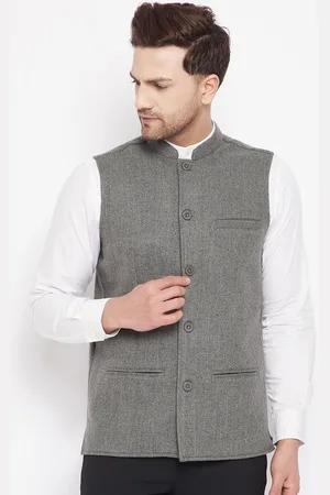 Even Men Grey Woven Design Pure Wool Nehru Jacket