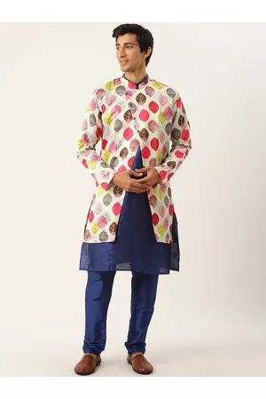 SOJANYA Men Navy Blue & White Solid Kurta with Pyjama & Jacket