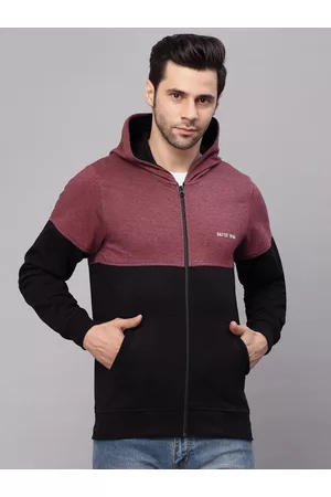 Kalt Men Maroon Black Colourblocked Fleece Bomber Jacket