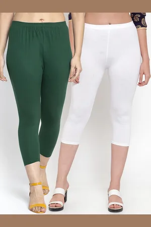 Jinfo Women Pack Of 2 White & Green Cotton Lycra Capris