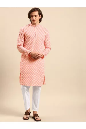 Anouk Men Peach-Coloured Ethnic Motifs Embroidered Pure Cotton Kurta with Pyjamas