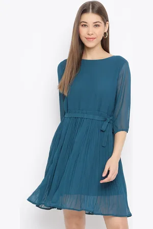 Mayra Women Turquoise Blue Solid Round Neck Fit & Flare Dress