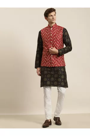 SOJANYA Men Black Ethnic Motifs Printed Kurta with Pyjamas & Nehru Jacket